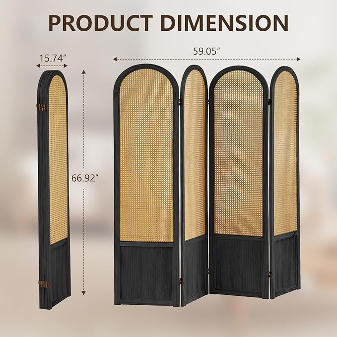 4 Panel Rattan Room Divier, Room Divider Panel and Folding Privacy Screens, Room Divider Wall, Solid Wood Frame, Partition Room Dividers, Bedroom, Dining Room, Lounge, Black