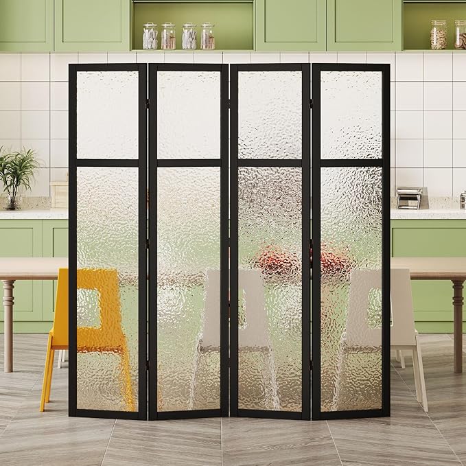 Acrylic Room Divider,4-Panel Freestanding Partition Screen, Frosted Translucent Privacy Panel - Lightweight Modern Divider for Home Office Studio (Black, 4 Panels)