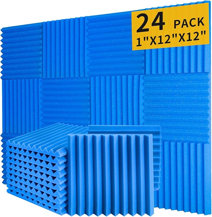 Blue Acoustic Panels 24 Pack 1 x 12x 12 Inches Sound Proof Foam for Wall Soundproof Noise Cancelling Wedge Studio Foam Panels Sound Absorbing High Density