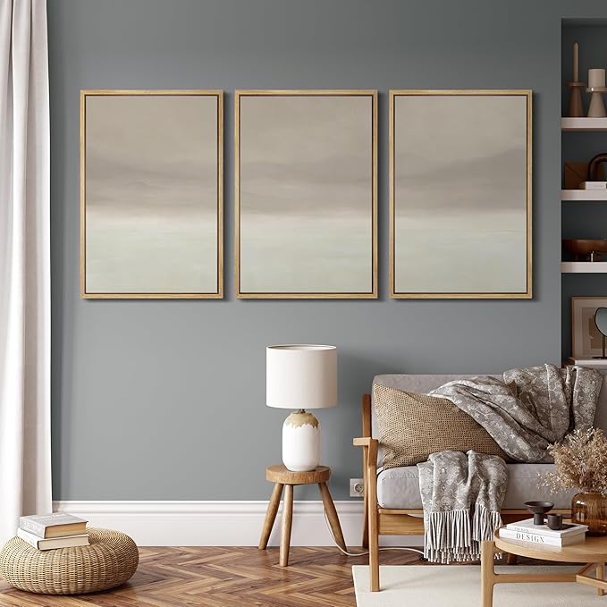 MUDECOR Framed Wall Art Print Set Misty Horizon Minimalist Foggy Mountain Landscape in Soft Neutral Tones Illustrations Realism Decorative for Living Room, Bedroom, Office - 24"x36"x3 Natural