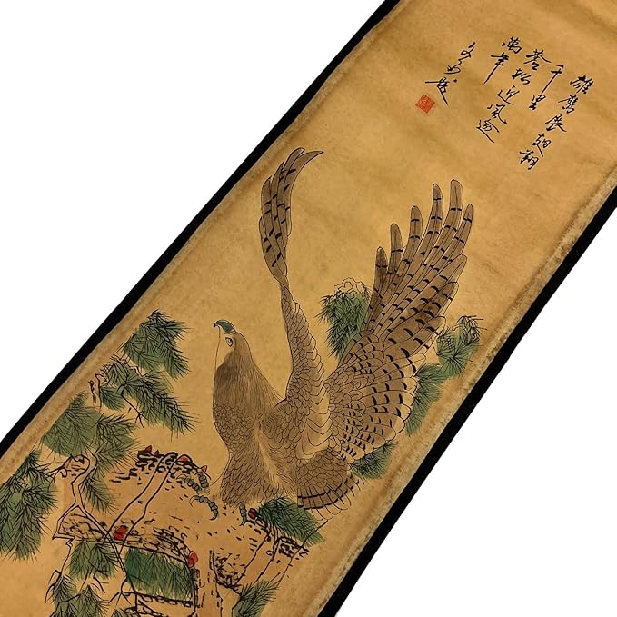 CIFIBIFUN Wall Asia Art Prints Posters Painting Vintage,4 Panels Old Paper Scroll Eagle Crane Tiger Horse Walls Decor for Living Room Bedroom Animal Print