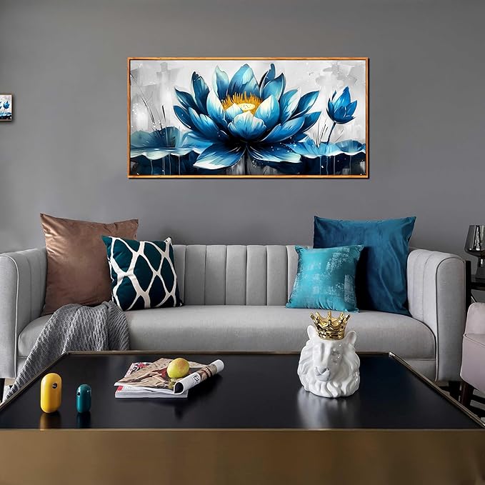 Ouzzlie Lotus Wall Art Blue Wall Decor Flower Painting Gray Canvas for Bedroom Modern Art 24" x 48"
