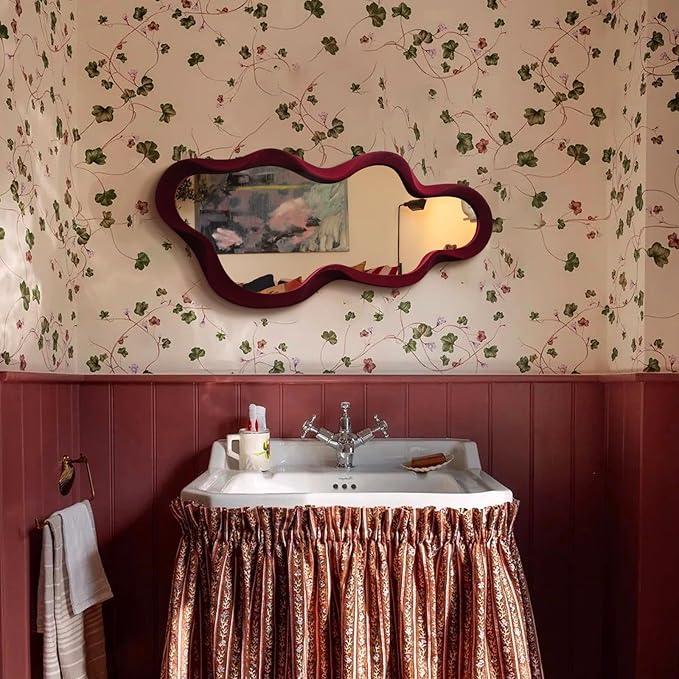 Mirror Wall Decor for Vintage Living Room Bedroom, 13.8x29.7 Asymmetrical Decorative Mirror for Entryway Porch Staircase, Retro Modern Hanging Wall Art Gift for Christmas Wedding (Wine Red)