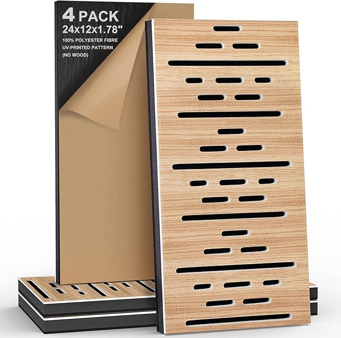 4Pack Acoustic Wall Panel, Self-Adhesive Soundproof Foam Panels for Wall, 3D Perforated Tri-Layer Polyester Fiber Decorative Acoustic Insulation for Recording Studio, Office, 24×12×1.78", Broken-Line