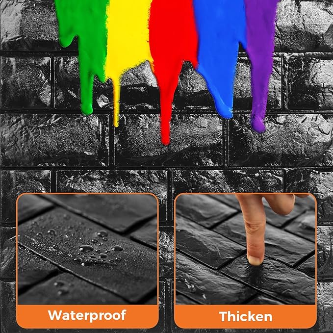 Circloophs 3D Wall Panels Stick and Peel, Black Brick Printable 3D Wallpaper Stick and Peel Self Adhesive Waterproof Foam Faux Brick Paneling for Bedroom, Bathroom, Kitchen, Fireplace (11, Black)