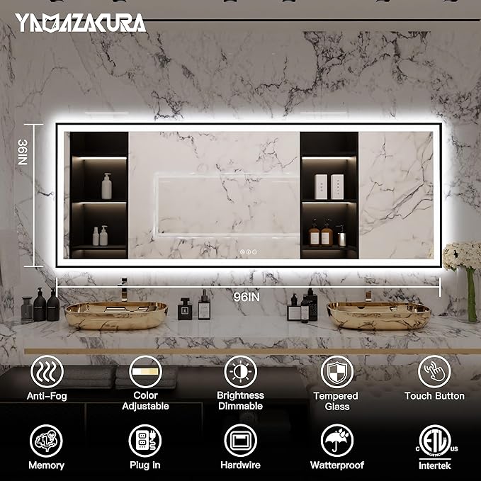 Large Light Bathroom Mirror 96x36 Backlit and Front Lighted LED Wall-Mounted Vanity Mirror Modern Rectangle Black Mirror (Horizontal/Vertical)