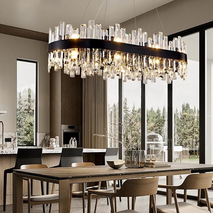 Chandelier for Dining Room, L35.4 Black Rectangle Crystal Chandelier Over Table, Modern 16-Light Large Crystal Chandeliers Ceiling Light, Pendant Light Fixture for Kitchen Island Living Room