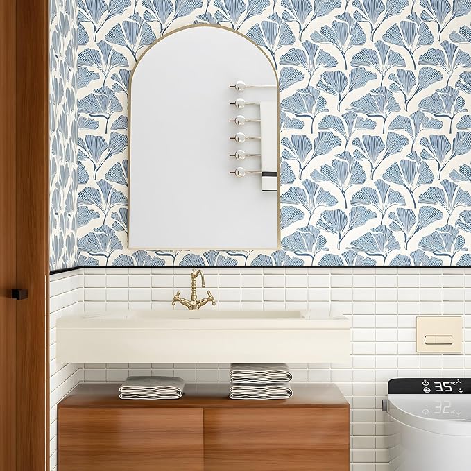 Blue Leaf Wallpaper Boho Peel and Stick Wallpaper Blue Leaf Vintage Contact Paper Beige Floral Wall Paper Removable Wallpaper Self Adhesive for Cabinet Drawers Wall Decor 17.5''x393''