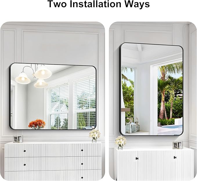 KOCUUY Black Bathroom Mirror 48"x36", Large Vanity Mirror with Rounded Corner, Metal Black Frame with Mordern Design for Bathroom, Living Room, Entryway, Hang Horizontal/Vertical