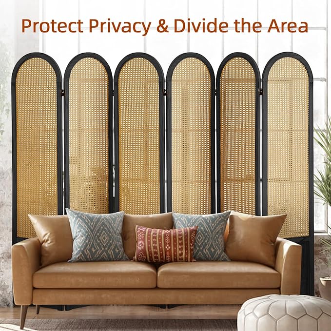 6 Panel Room Dividers and Folding Privacy Screens, Hand-Made Rattan Room Divider with Bi-Directional Hinge, Pre-Assembled Wood Room Divider Wall for Home Office Bedroom, Black