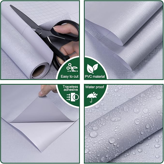 CAX Grasscloth Peel and Stick Wallpaper Silver Contact Paper 15.7"x472" Fabric Peel and Stick Wallpaper Self-Adhesive Removable Wall Paper Waterproof Faux Linen Wall Papers for Living Room Cabinets