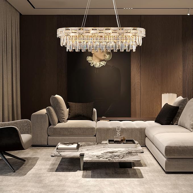 Modern Crystal Chandelier,12-Light Gold Chandelier Light Fixture Contemporary Luxury K9 Crystal Rectangular Pendant Ceiling Light Fixture for Dining Living Room Kitchen Island Bar (L34.3Inch)