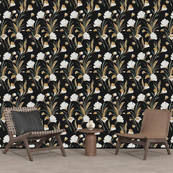 Black Gold Peel and Stick Wallpaper White Floral Contact Paper 17.5in x 118in Dark Vintage Plants Lines Flower Self Adhesive Waterproof Removable for Room Shelves Cabinet Drawer Table Decor