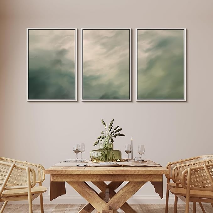 MUDECOR Framed Wall Art Print Set Soft Green Cloudscape Tranquil Abstract Nature Illustrations Modern Art Boho Decorative Colorful Chic for Living Room, Bedroom, Office - 24"x36"x3 White