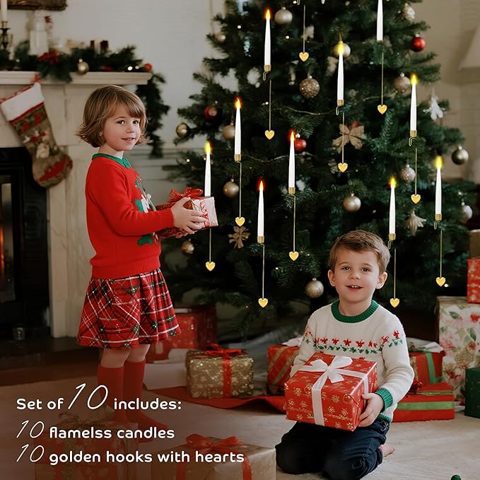 Christmas Tree Candles, 10 Pack Flameless Taper Candles for Christmas Tree Decor, Fake LED Candle Battery Operated with Remote for Xmas Wedding Home Gift with Gold Heart Hook