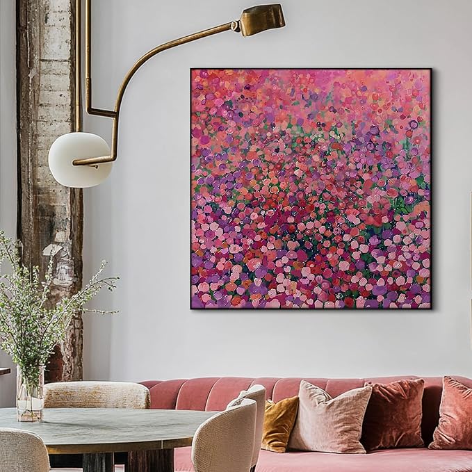 72"x72" XL Framed Wall Art Colorful Wildflower Garden Abstract Pink and Red Floral Field (Frame Assembly Required)
