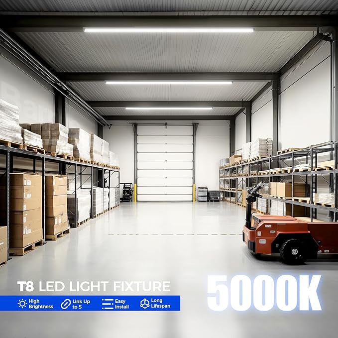 Barrina LED Shop Lights, 5FT, 50W, 6500LM, 5000K, Clear Cover T8 V-Shape Light Fixture, Linkable Shop Lights for Garage, Workshop, Warehouse, Basement, ETL Listed, 6 Packs
