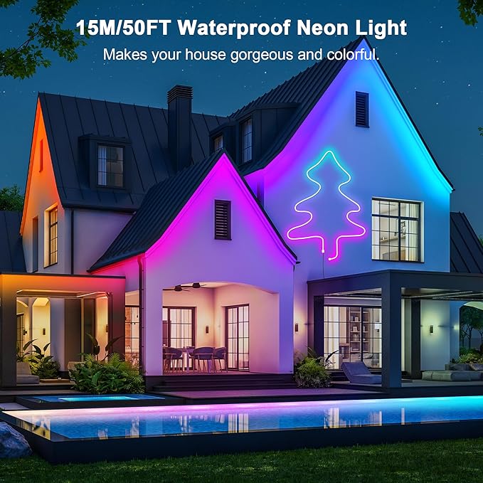 Cozylady RGB Neon LED Rope Lights, Waterproof Bluetooth APP Remote Control Music Sync Strip Lights, 24V Flexible DIY Silicone Light for Bedroom Home Indoor Outdoor Decor (15M/50Ft)