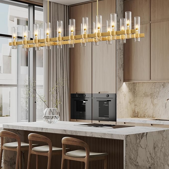 Brass Rectangle Kitchen Island Lights, Farmhouse Linear Rectangular Chandelier with Glass Shades, 20 Lights Gold Lighting Fixtures Industrial Pendant Light for Dining Room Over Table