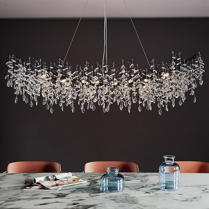 Modern Crystal Chandelier for Dining Room, 16-Light 55.12" Black Tree Branch Chandeliers, Luxury K9 Crystal Rectangular Chandeliers for Kitchen Island Living Room