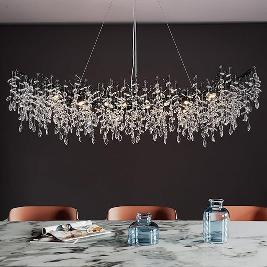 Modern Crystal Chandelier for Dining Room, 16-Light 55.12" Black Tree Branch Chandeliers, Luxury K9 Crystal Rectangular Chandeliers for Kitchen Island Living Room