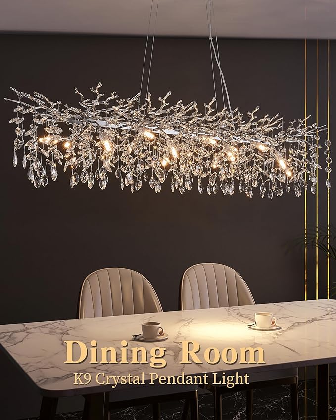 Modern Tree Branch Chandelier, 16 Lights Rectangular 59" Crystal Silver Chandeliers Height Adjustable for Kitchen Island Dining Room Living Room