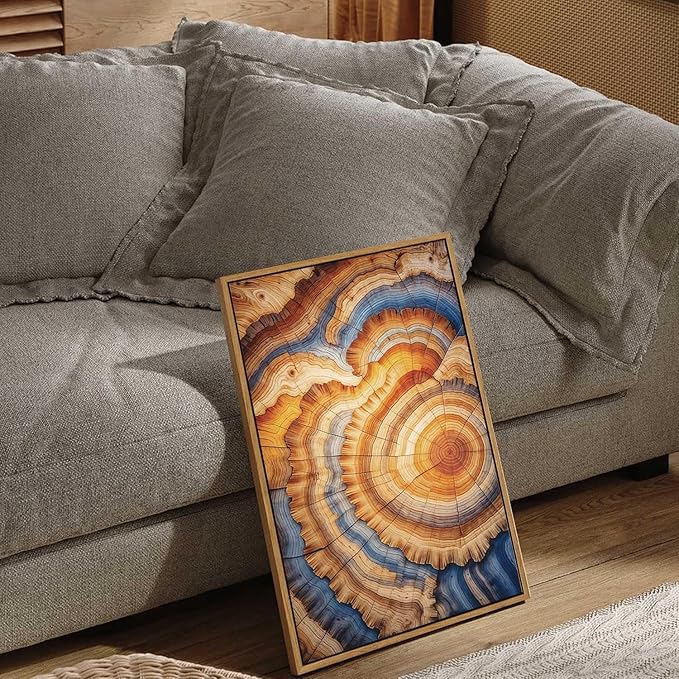 BingruiArt Framed Tree Ring Canvas Wall Art Abstract Wood Wall Decor Boho Modern Colorful Nature Painting Wood Stump Prints Pictures for Living Room Bedroom Bathroom Office 16"x24" Natural Framed(09)