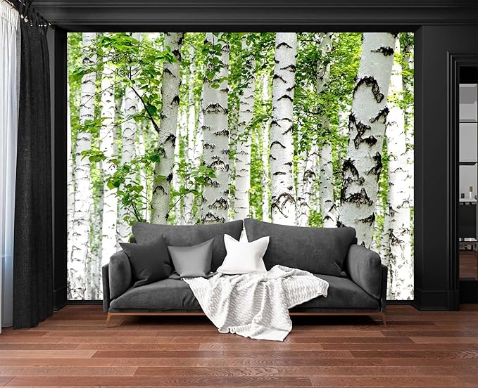 Cliouar-Photo Wallpaper Birch Forest Landscape Trees Poster Nature Lovers Green Forest Bedroom Decoration Mural 103" x 69"(Not Self-Adhesive)