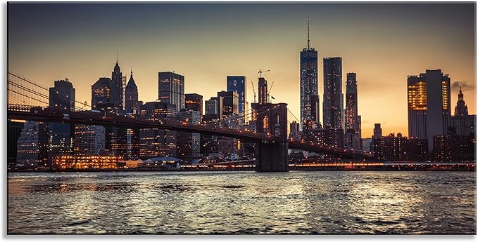 NAN Wind 1PCS New York City Skyline Canvas Wall Art Brooklyn Bridge at Sunset Golden Hour Manhattan Cityscape Pictures Canvas Artwork East River Reflection Modern Urban Home Decor Living Room Office