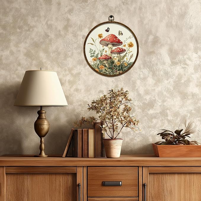 KLYTINK Vintage Fantasy Mushroom Floral Wall Art, Round Canvas Wall Hanging Decor, Fantasy Forest Botanical Illustration, for Living Room,Bedroom,office 10x10 Inch(MG09)
