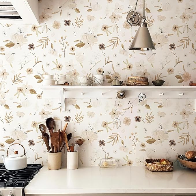 17.3"x236" Warm White Peel and Stick Wallpaper Autumn Brown Floral and Leaf Contact Paper Self Adhesive Removable Waterproof Wall Paper for Living Room Wall Decor