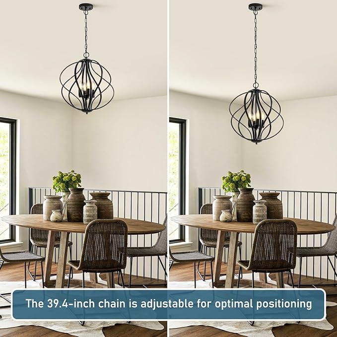 17” Modern Black Chandelier for Dining Room - 4-Light Industrial Sphere Pendant Light, Hanging Geometric Chandelier for Kitchen, Entryway, Foyer, Stairs