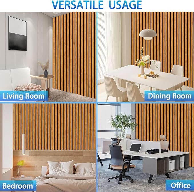 3D Slat Acoustic Wall Panels with Wood Finish Accent, 4 Pack Sound Absorbing Paneling for Studio, Office, Living Room, Bedroom Interior Decor (Natural Walnut, 48''L x 24''W)
