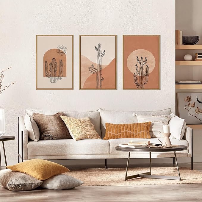 Ausril Boho Minimalist Cactus Framed Canvas Wall Art Set, Mid Century Saguaro Wall Decor, Abstract Geometric Desert Wall Painting, Beige Brown Plant Art Prints for Living Room, Bedroom, Office 16"X24"X3