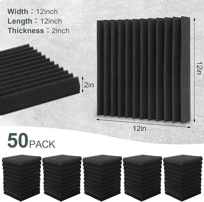 50 Pack Acoustic Foam Panels,2"X 12" X 12"Sound Proof Foam PanelsHigh Density Sound Absorbing Panels,Soundproof Wedges Panels for Studio Recording & Office & Home