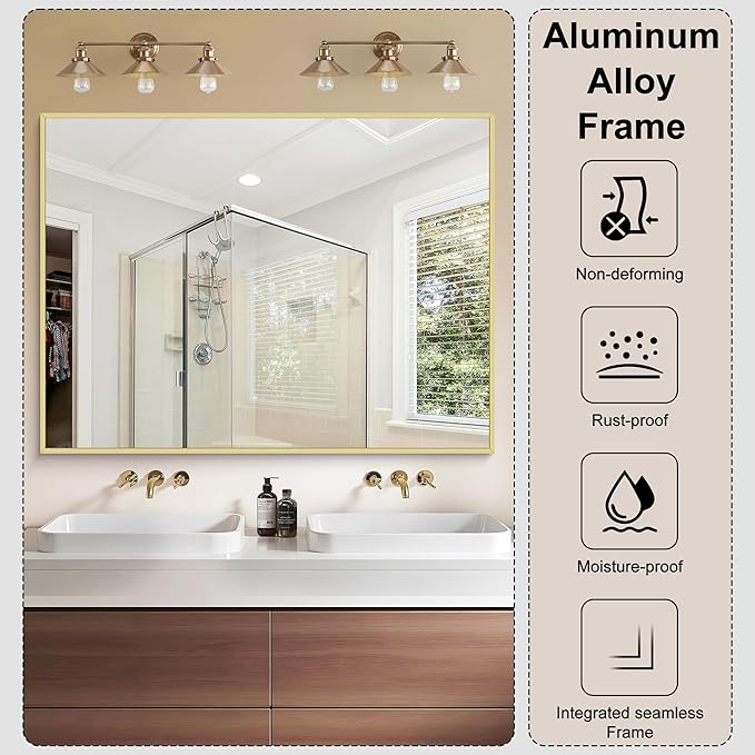 KOCUUY Gold Mirror, 48"x36" Large Gold Bahtroom Mirror for Over Sink, Metal Frame Rectangle Mirror with Modern Design for Bathroom, Living Room, Farmhouse, Entryway, Hang Horizontal/Vertical