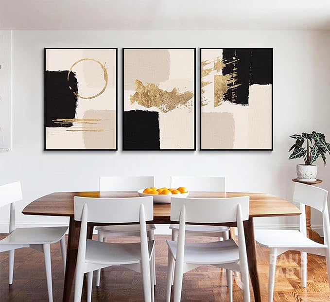 3pcs Black Gold Abstract Wall Art Bohemian Simple Geometric Canvas Poster Print Modern Beige Picture Painting Wall Decor for Living Room Bedroom Office Decoration Frameless