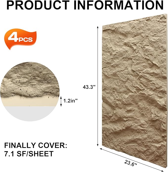 KASARO 3D Faux Stone Wall Panels, 4 PCS PU Wainscoting Panel for Interior Wall Decor, Cement Texture Thicker Accent for Home, Office, 43.3 × 23.6 inch, Golden Hemp