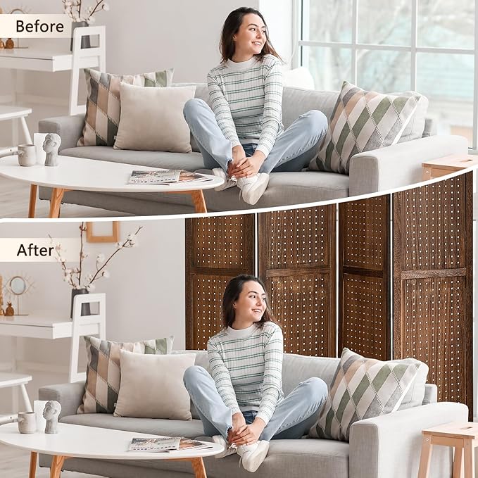 4 Panel Pegboard Display with 16 Hooks, Wooden Room Divider Wall and Folding Privacy Screens, Partition Room dividers, Pegboard Room Divider, Jewelry Store, Bedroom, Balcony, Dark Brown