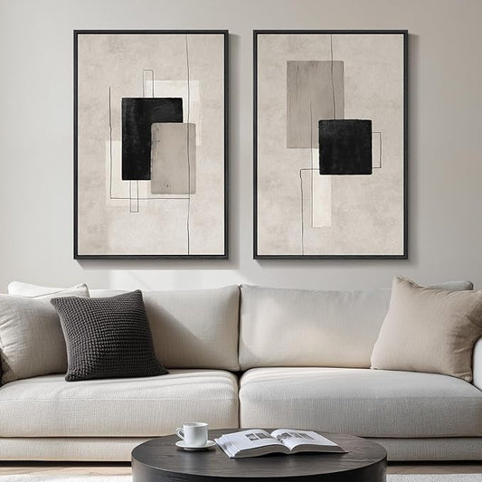 Large Framed Neutral Abstract Wall Art Set of 2, Black Beige Modern Canvas Prints Paintings Artwork for Walls, Minimalist Block Lines Pictures for Living Room Dining Room Bedroom Wall Decor 20x30 In