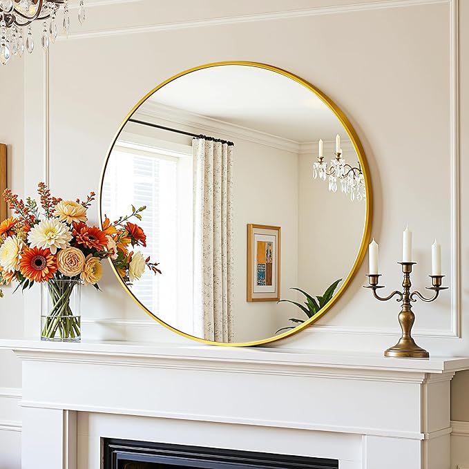 Antok Wall Mirror, 20"x20" Bathroom Vanity Mirror, Anti-Rust HD Tempered Glass, Wall Mounted Mirrors for Living Room, Entryway, Gold Frame, Round