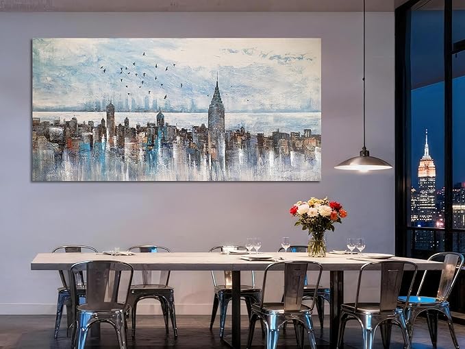 Arjun Cityscape Wall Art New York City Skyline Picture Modern Abstract Grey NYC Skyline City Painting Framed Artwork for Bedroom Living Room Home Office Decor, Extra Large 58"x29"