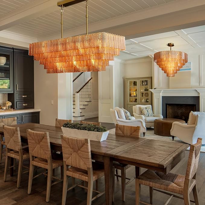 Large Chandelier for Dining Room, 59" 11-Light Amber Rectangular Chandeliers for High Ceilings, Modern Gold Kitchen Island Hanging Light Fixture for Living Room, Dining Room, Kitchen Island, Foyer