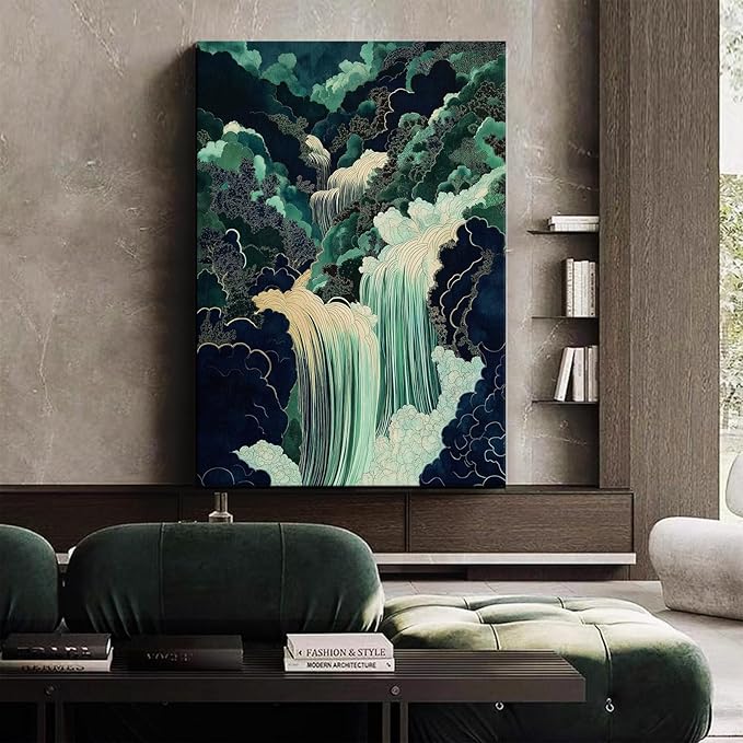 Mountain River Wall Art Japanese Waterfall Painting Abstract Forest Art Poster Blue And Green Abstract Canvas Japanese Style Print Blue And Green Landscape Wall Art Waterfall Artwork 16x24in Framed