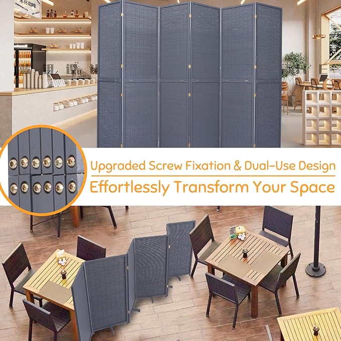 Bamboo Room Divider Folding Privacy Screens, Wall Divider for Room Separation, Portable Room Partitions and Dividers, 5.6FT Bamboo Mesh Woven Room Divider Panel (Grey, 6 Panel)