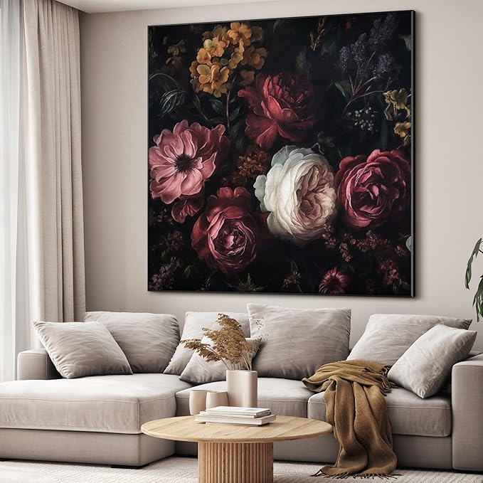 72"x72" XL Framed Wall Art - Vintage Dark Floral Romantic (Frame Assembly Required)