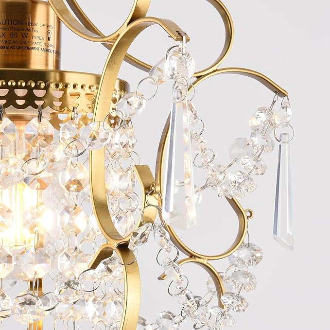 Modern Gold Mini Chandelier, Crystal Light Fixtures Ceiling Mount 1 Light Small Crystal Chandeliers for Bedroom Elegant Crystal Pendant Lighting for Girls Room Dining Room Closet Kitchen Island