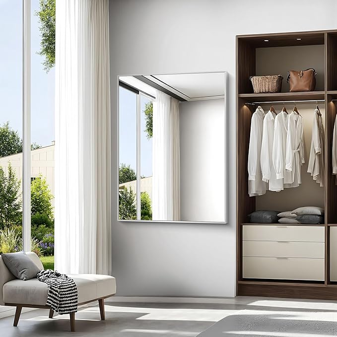 BONEWEI Silver Bathroom Mirror,36x48 inch Wall Mirror for Bathroom Wall Mounted,Large Rectangle Mirror for Bathroom Over Sink,Modern Metal Frame for Living Room,Bedroom Entryway,Horizontal/Vertical