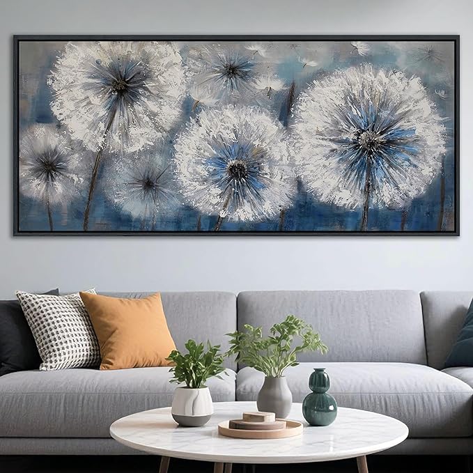 Blue Dandelion Canvas Wall Art Print Picture for Living Room Large White Flower Flora Home Bedroom Decoration Modern Framed Artwork Decor Living Room Pictures Sofa Paintings