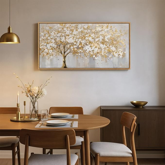 Large Framed Gold Tree of Life Wall Art, Neutral Gold Tree Canvas Painting Prints for Modern Rustic Home Decor, Gray White Golden Artwork for Living Room Kitchen Dining Room Bedroom Office, 20x40 In